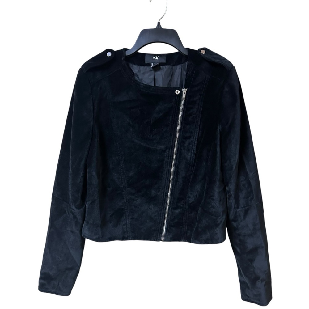 H&M Womens Sz 12 Cropped Velvet Jacket Black Moto Biker Full Zip